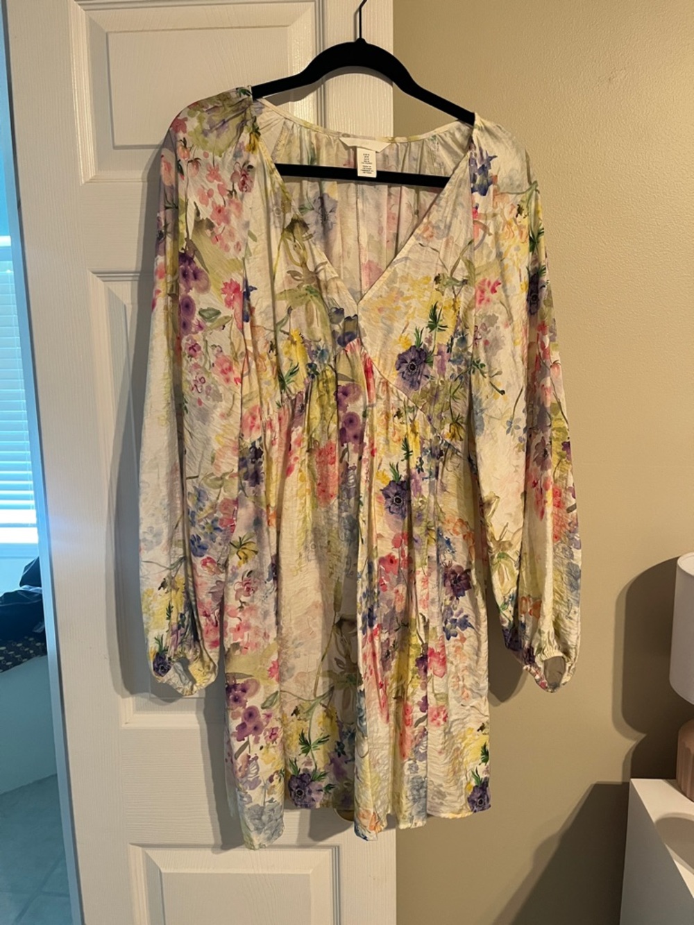 H&M Floral Long Sleeve Mini Dress in Cream with Purple, Pink & Yellow Flowers
